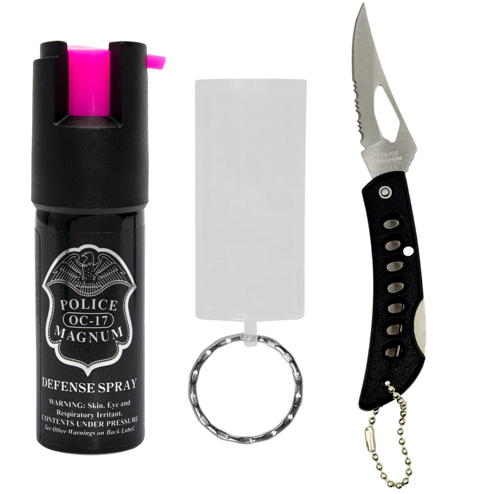 Police Magnum black knife clear sleeve keychain combo pack Police pepper spray mini keychain pocket knife combo set